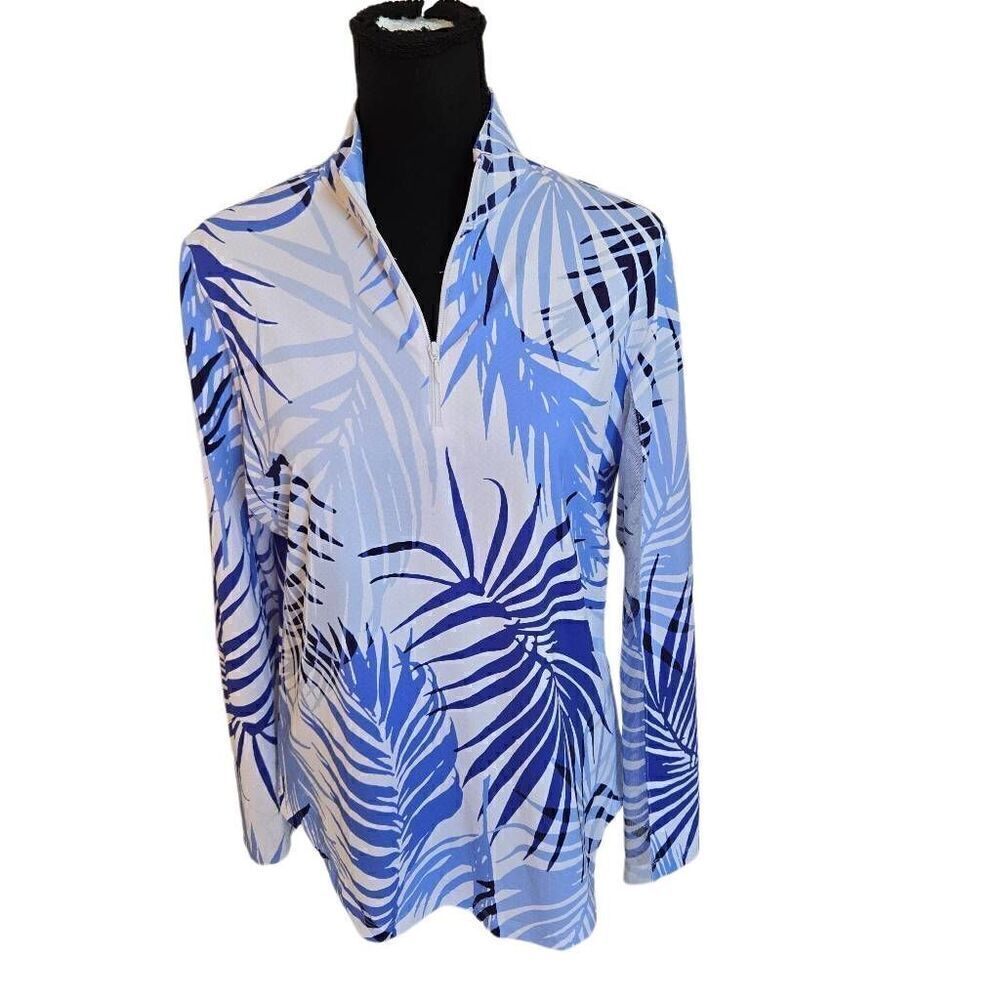 G LIFESTYLE Blue White Tropical Print Long Sleeve Athletic Golf Shirt Large